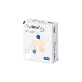 Box of Proximel Ag Silver silicone foam dressing for wound care, angled view