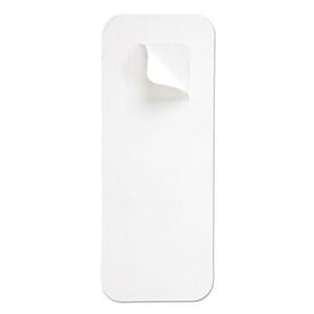 Rectangular white adhesive medical patch with one corner peeling, on white background
