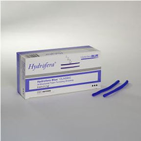 Hydrofera Blue CLASSIC dressing box with two blue foam dressings on white background