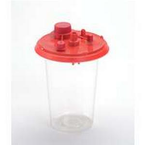 Medical suction canister with clear body and red lid, used for fluid collection