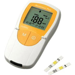 Cholesterol meter with digital display showing test result and two test strips for home use
