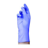 Hand wearing a blue disposable medical glove on white background