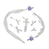 Closed suction catheter system and connectors for respiratory care on white background