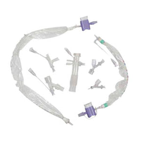 Closed suction catheter system and connectors for respiratory care on white background