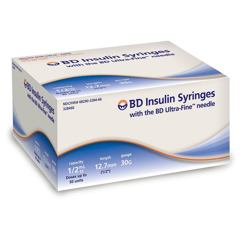 Insulin Syringe With Ultra-fine Needle 30g X 1/2", 1/2 Ml (100 Count)