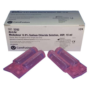 Box of AirLife Modudose 0.9% sodium chloride solution with single-use vials