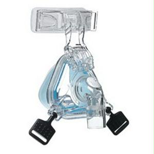 Clear CPAP nasal mask with blue cushioning and adjustable headgear clips