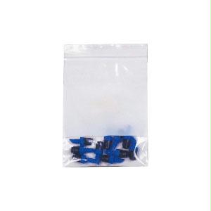 Clear resealable bag containing blue plastic medical supply clips on white background