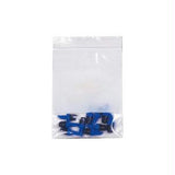 Clear resealable bag containing blue plastic medical supply clips on white background