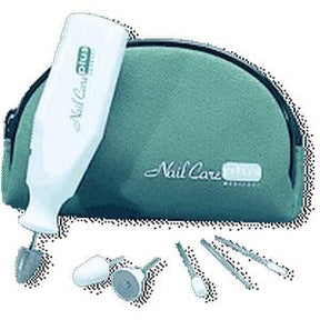 Electric nail care device with carrying case and multiple manicure attachments