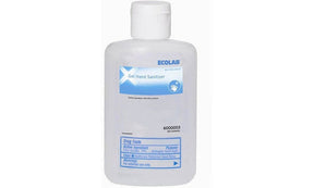 Clear plastic bottle of Ecolab gel hand sanitizer with blue label, white cap
