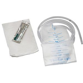 Sterile medical supply kit with tubing, collection bag, and antiseptic wipe for home care