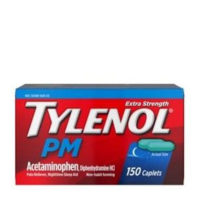 Tylenol PM Extra Strength 150 caplets box, nighttime pain reliever and sleep aid