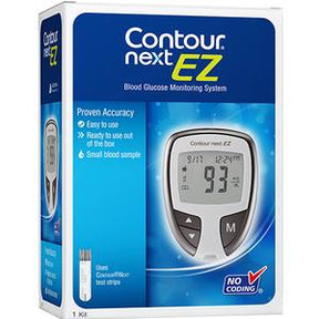 Contour Next EZ blood glucose monitoring system box with glucose meter and test strips