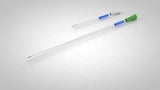 Two sterile intermittent catheters with colored grips on a white background