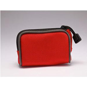 Red zippered medical pouch with textured fabric and black trim, ideal for supplies storage