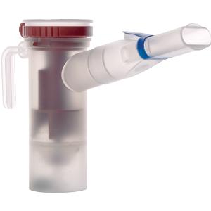 Close-up of a plastic medical nebulizer cup and mouthpiece for respiratory therapy