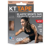 KT Tape beige elastic sports therapeutic tape box featuring athlete model, for pain relief and support.