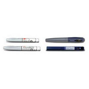Insulin delivery pens and injector devices for diabetes management on white background