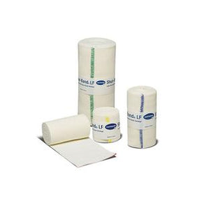 Assorted medical gauze rolls and bandage wraps on a white background