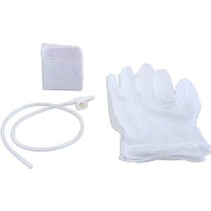 Medical supplies kit with disposable gloves, tubing, and a white pouch on a white background