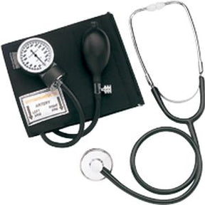 Blood pressure monitor and stethoscope on a white background, essential medical supplies