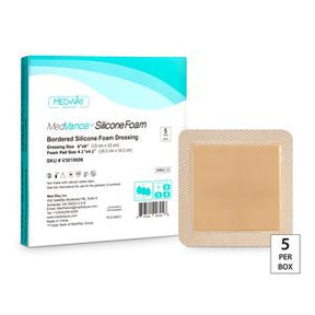 MedVance silicone foam bordered dressing for wound care, 4" x 4" size, 5 per box