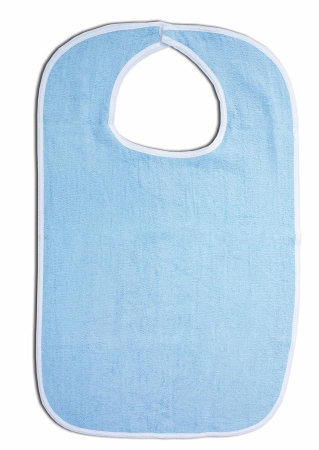 Light blue adult bib with white trim for mealtime and medical use, isolated on white.