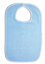 Light blue adult bib with white trim for mealtime and medical use, isolated on white.