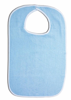 Light blue adult bib with white trim for mealtime and medical use, isolated on white.