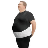Man wearing black t-shirt and white abdominal support belt for medical use