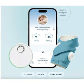 Infant pulse oximeter kit with sensor, soft blue wrap, and mobile health readings app