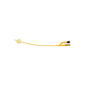 Latex Foley catheter with dual ports and inflatable retention balloon on white background