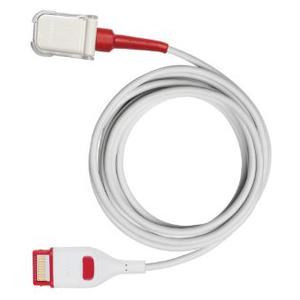Medical sensor cable with red and white connectors, used for patient monitoring devices