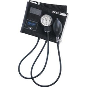 Manual blood pressure monitor with cuff, inflation bulb, and gauge for home health use.