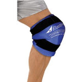 Person wearing a blue elastic knee support brace for joint pain relief