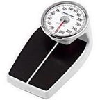Analog bathroom scale with black platform and large dial for weight measurement