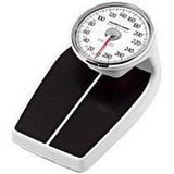 Analog bathroom scale with black platform and large dial for weight measurement