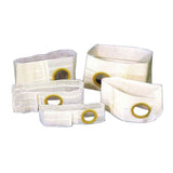 Different sizes of white ostomy belts with circular openings for medical use