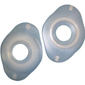 Transparent ostomy barrier rings for stoma care, shown on plain background