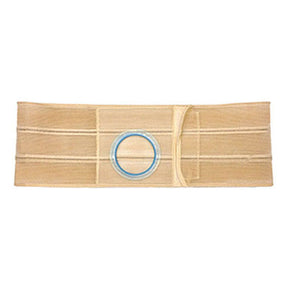 Beige abdominal ostomy belt with round stoma opening for medical support