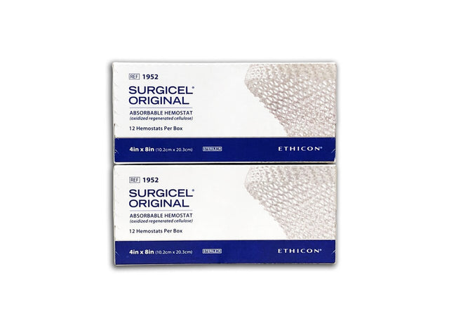 Boxes of Surgicel Original absorbable hemostat medical gauze, 4x8in, 12 count