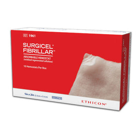 Box of SURGICEL Fibrillar absorbable hemostat for medical wound care, 1in x 2in, 10 count