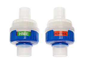 Two medical breathing filters labeled HME and AEROSOL for respiratory therapy use