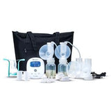 Electric breast pump kit with bottles, accessories, and a black carry bag on white background.