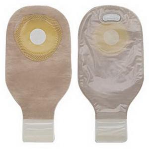 Two ostomy bags for medical use, featuring beige and clear coverings with adhesive barriers.