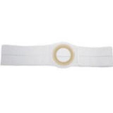 White ostomy belt with circular opening for medical stoma support