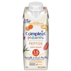 Compleat Pediatric Peptide plant-based nutrition drink carton, vegetable and fruit medley.