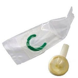 External male catheter with adhesive and green clip, medical urology supply on white background