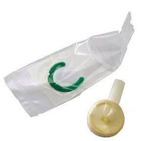 External male catheter with adhesive and green clip, medical urology supply on white background